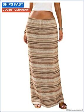 Boho Striped High Waist Knit Bodycon Maxi Skirt Beach Cover Up